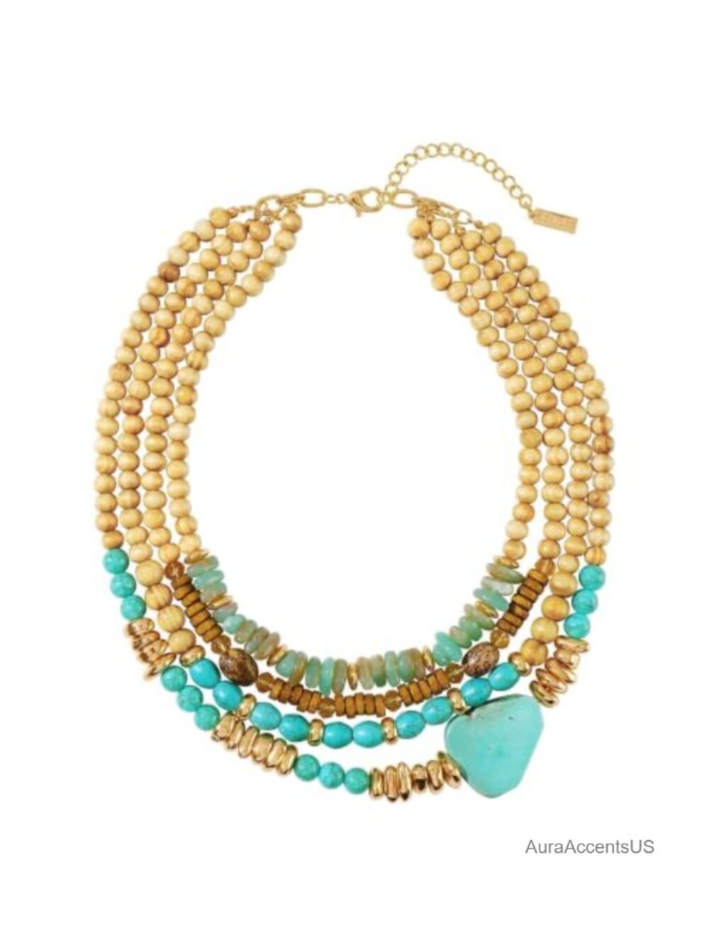 Bohemian Turquoise Beaded Necklace Wood Acrylic Layered Statement